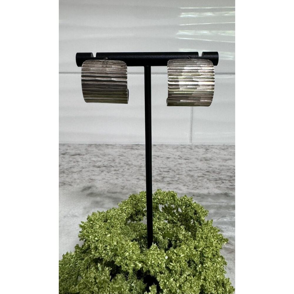 Vintage Taxco Mexico Sterling Silver Ribbed Wide Chunky Half Hoop Earrings